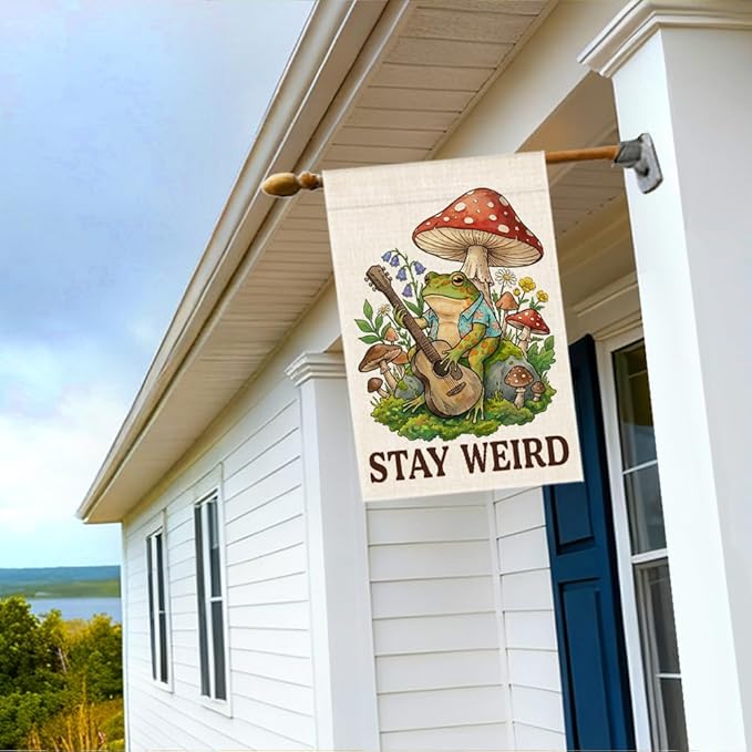 RZHV Stay Weird Double-Sided Garden Flag for Outdoor House Yard Sign Garden Decor Parade, Cute Frog Mushrooms Vertical House Lawn Yard Sign, Housewarming Banner Gifts for Frog Lover Friends Neighbors