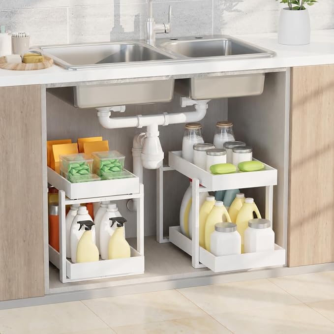 APRTAT 2 Pack Bamboo Under Sink Organizer, 2-Tier Pull Out Storage Drawers