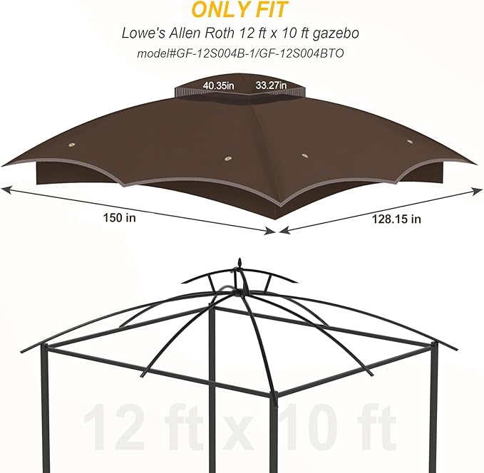Replacement Gazebo Canopy Top Cover for 10 x 12, Double Tiered Waterproof Canopy Roof for Lowe's Allen Roth Gazebo #GF-12S004B-1 (Brown)