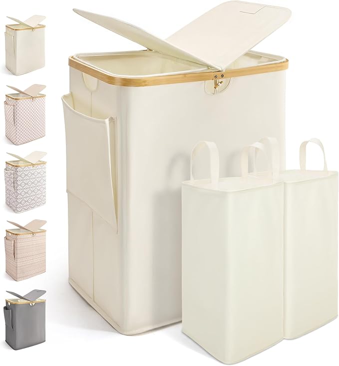 MIZATTO 140L Laundry Hamper with Lid, Double Dirty Clothes Hamper | 140L Laundry Basket with Bamboo Handles for Laundry Room, Bathroom, Bedroom, Dual Laundry Bin