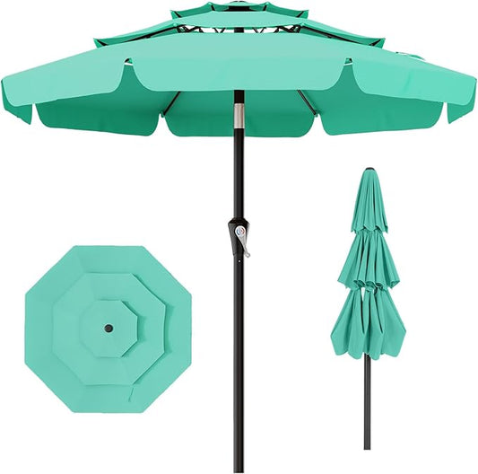 AreShark 9FT 3-Tiers Patio Umbrella with Valance, Outdoor Umbrellas with Crank/Tilt, Table Market Umbrella Vented w/ 8 Sturdy Ribs for Garden, Deck, Backyard, and Pool, Aqua Sky