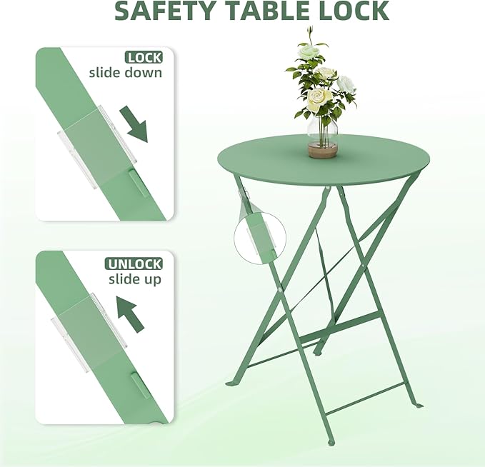 3-Piece Folding Bistro Set, 2 Chairs and 1 Coffee Table, Space Saving Weather-Resistant Frame, Portable Indoor/Outdoor Patio Furniture Conversation Set for Garden Porch Balcony Deck - Green