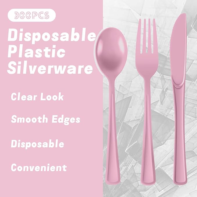 Plastic Silverware 300 PCS Disposable Silverware Heavy Duty Utensil Sets 100 Of Each Forks Knives & Spoons Disposable Cutlery Set For Easter,Birthday,Baby Shower,Garden Party,Wedding(300,Pink)