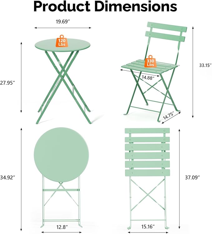 VINGLI Outdoor Folding Bistro Table and Chairs Set of 2, 3-Piece Bistro Set with Premium Steel Frame for Patio, Balcony, Garden, Porch, Yard, Green