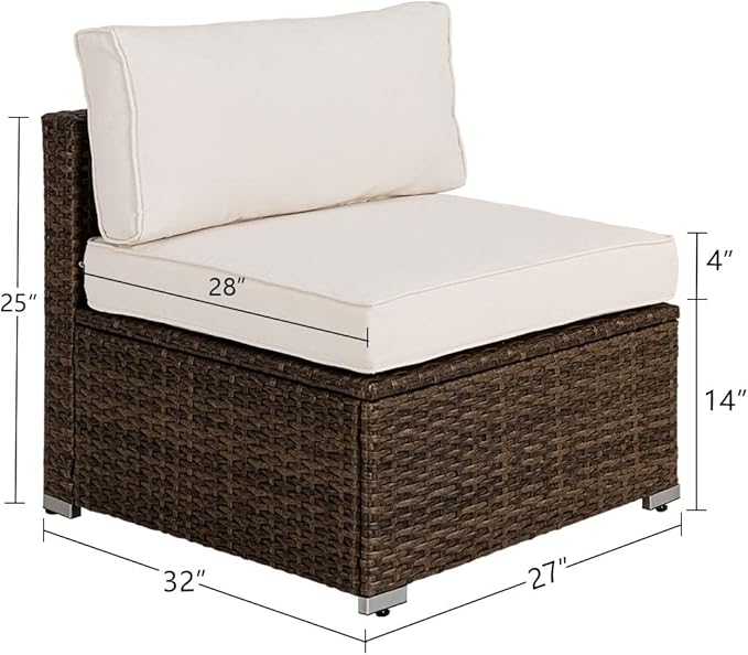 COSIEST Outdoor Furniture Add-on Armless Chair for Expanding Wicker Sectional Sofa Set w Off White Thick Cushions for Garden, Pool, Backyard