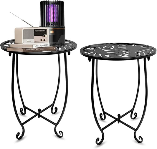 Fashion&cool 2 Pack Indoor Outdoor Side Tables, Weather Resistant Metal Patio Side Table, Small Round End Table Side Table for Patio Yard Porch Balcony Garden Bedside, Plant Stand for Indoor