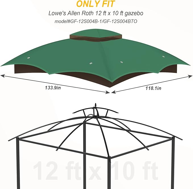 Replacement Gazebo Canopy Top Cover for 10 x 12, Double Tiered Waterproof Canopy Roof for Lowe's Allen Roth Gazebo #GF-12S004B-1(Green)
