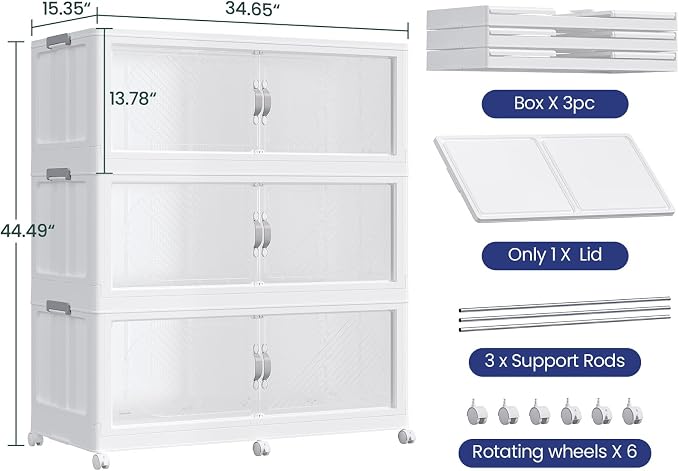 720QT Extra Large Stackable Storage Bins with Lid, 180Gal Plastic Closet Organizers and Storage Drawer, Collapsible Cabinet Box with Wheels Clear Doors for Home Kitchen Garage, 3Pack White