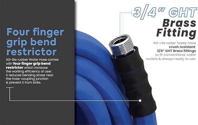 AG-LITE AL3425 3/4" x 25' Rubber Farm & Ranch Water Hose, Lightweight, 500 PSI, 50F to 190F Degree, Polyester Braided, Brass GHT Fittings, 4 Finger-Grip Bend Restrictor, Agriculture & Industrial Use