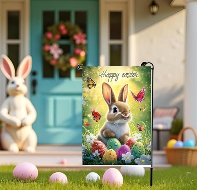Happy Easter Garden Flag 12x18 Double Sided, Small Burlap Floral Butterfly Eggs Bunny Garden Flags Easter Holiday Outdoor Yard Decorations