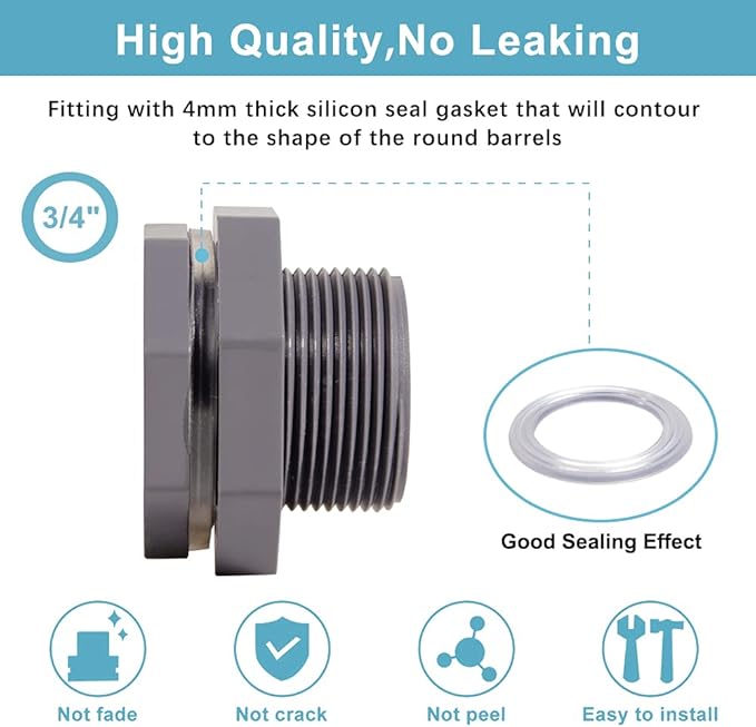Ququyi 3/4 Inch PVC Bulkhead Water Tank Connector Adapter Fitting with Plugs Thru-Bulk Pipe Fitting for Rain Barrels, Aquariums, Ponds(Set of 1)