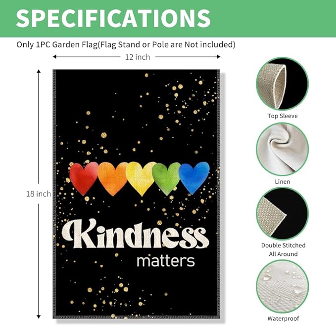 Perfectinsoy Kindness Matters Garden Flag, Equality Inclusion Home Banner, Social Justice LGBTQ Community Progress Home Welcome Yard Classroom Pride Month Porch Outdoor Decor, Flags for LGBTQ