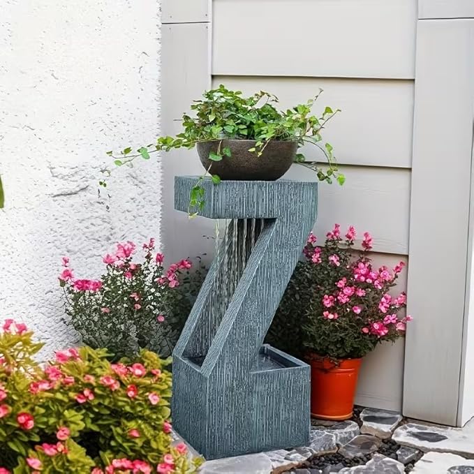 32" Modern Z-Shaped Rain Curtain Outdoor Fountain with LED Lights, Gray Resin Cascading Waterfall Water Feature for Patio, Backyard, Garden or Porch