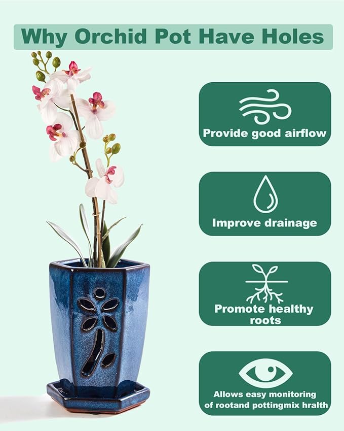 vensovo 4 Inch Ceramic Orchid Pot with Holes and Saucer, 1 Pc Small Hexagon Succulent Planter for Repotting, Garden Flowerpot for Indoor Outdoor Plants, Promotes Air Circulation (Blue)