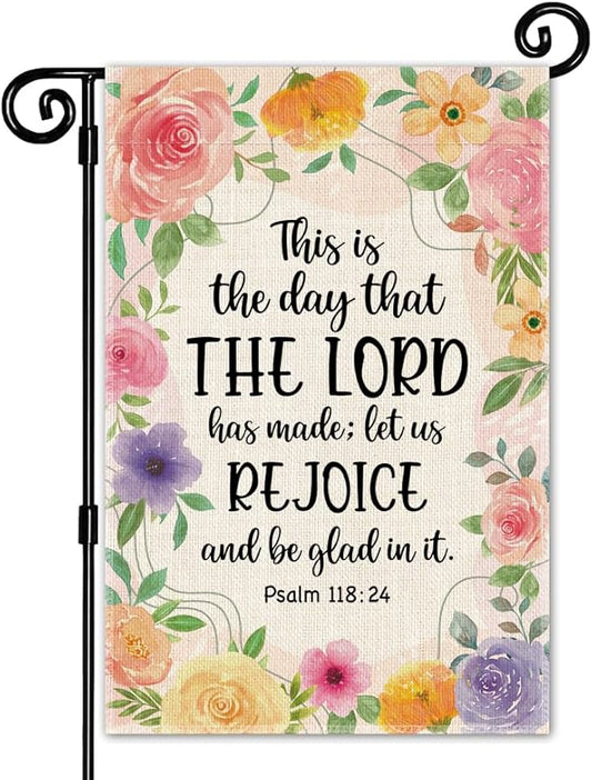 This Is The Day That The Lord Has Made Garden Flag, Funny Spring Christian Garden Flags for Outside, Psalm 118:24 Bible Verse Yard Banner, Religious Catholic Outdoor Lawn Porch Decor for Family