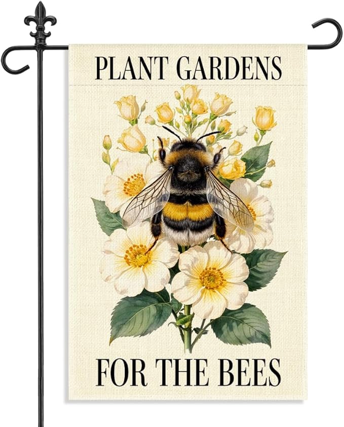 Plant Gardens for the Bees Garden Flag, 12 x 18 Inch Double Sided Bumblebee Floral Outdoor Yard Decor, Meaningful Eco Friendly Gifts for Beekeeper Pollinator Advocates Gardening Enthusiast
