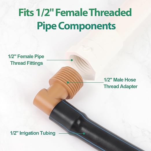 RedChili 1/2 Inch Drip Irrigation Fitting To 1/2 Inch Male Hose Threaded Adapter, 10 Pack PVC To Drip Irrigation Elbow Adapter With 1/2" Male Pipe Thread(MPT) x 1/2" Barbed Connectors