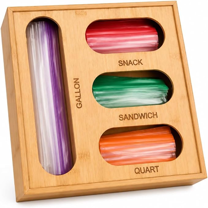 4 in 1 Bamboo Bag Storage Organizer for Sandwich, Snack, Quart,Gallon Bags