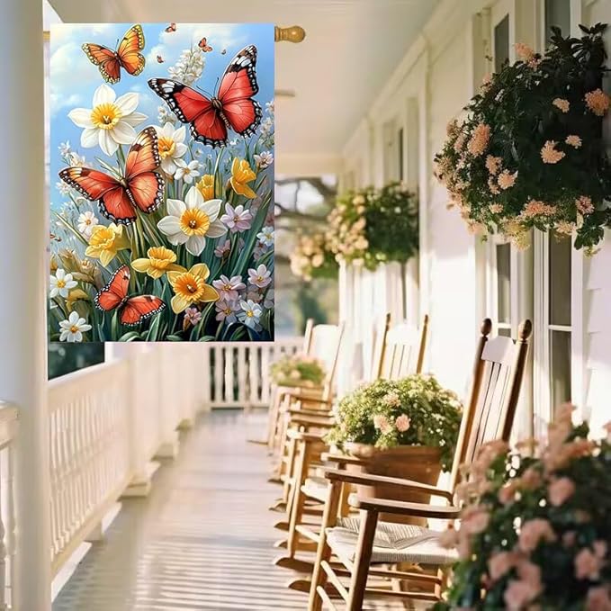 Large Spring Summer Garden Flags for Outside 28 x 40 Double Sided, Burlap Spring Summer House Flag, Large Outdoor Yard Flags Butterfly Daffodil Floral Decorations Farmhouse Patio Garden Decor