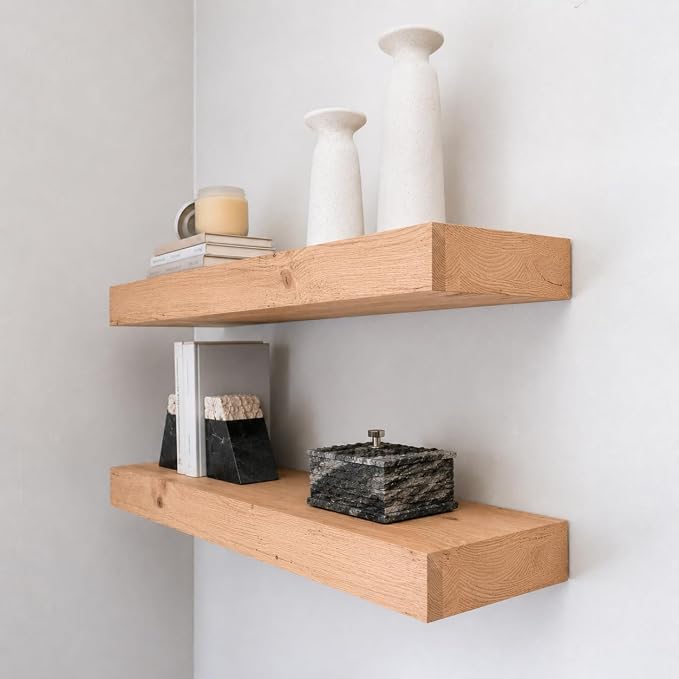 Urbandi Modern Floating Shelves 3 Inches Thick for Wall, Wide Shelves for Kitchen, Living Room, Bedroom, and Bathroom, Natural Pine Wood, Rustic Wooden Shelf, (Set of 2) (Aged Oak, 24Lx3Hx8D)