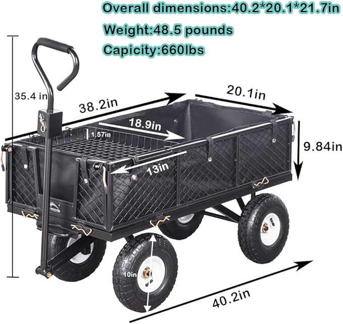 Heavy Duty Steel Garden Cart Large Size with Liner and Iron Frame,Steel Frame Dump Cart with Removable Sides,660lbs Capacity Black