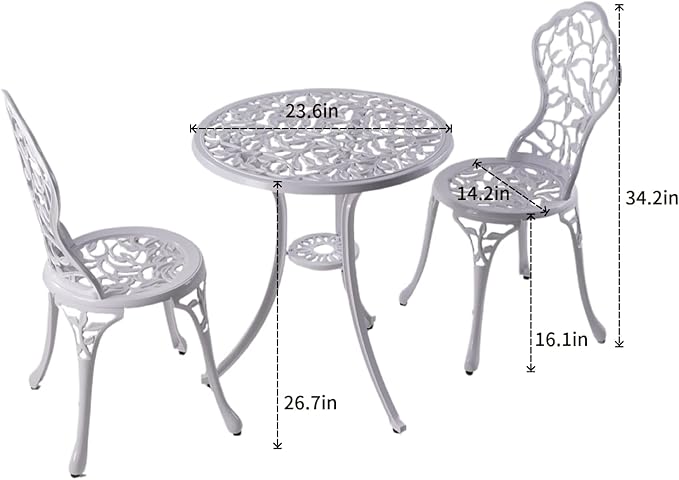 KAILI Patio Bistro Sets 3 Piece cast Aluminum Patio Furniture Outdoor Garden Metal Rust Proof Tables and Chairs White bisrto Set (Leaf-White)