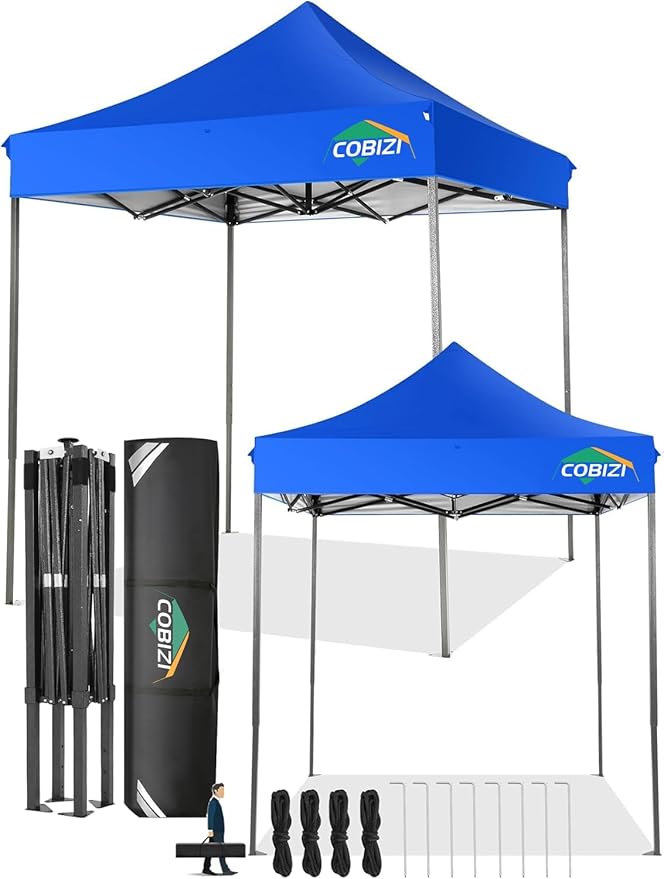 COBIZI 6.6x6.6 Pop up Canopy Tent 6.6x6.6 Canopy No Sidewall Waterproof Heavy Duty Commercial for Parties Outdoor Garden Gazebo Tent, Carry Bag with Wheel(6.6x6.6ft No Sidewalls, Blue)