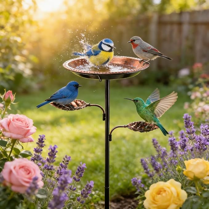 3 in 1 Metal Bird Bath for Outside, 35.43" Freestanding Birdbath with 5 Prong Stake Base, 12" Bowl, Vintage Bronze, Garden Patio Yard Decor