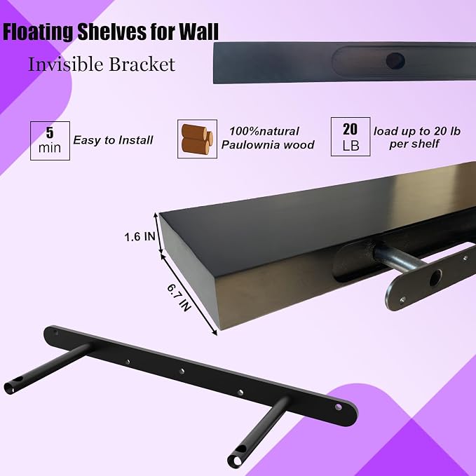 IAE Floating Wall Shelves 16 inch,Bathroom Shelving Wall Mounted,Black | Invisible Shelf Floating Kitchen Shelves, Wooden wall Shelf with Brackets for Living Room wall Mounted,Easy Install,Set of 2