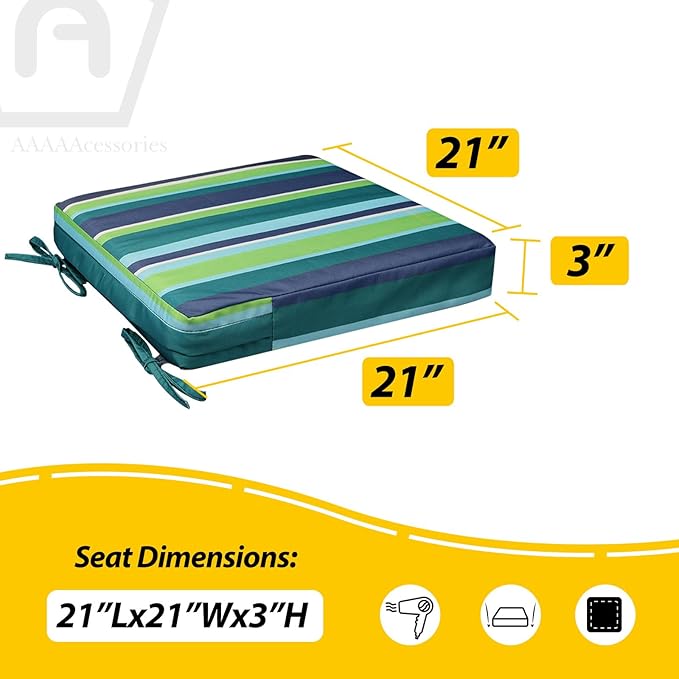 AAAAAcessories Outdoor Seat Cushions for Chairs, Waterproof, Fade-Resistant, 21" x 21" x 3", Patio Furniture Replacement Cushions, Set of 2, Stormy Teal Coastal Stripe