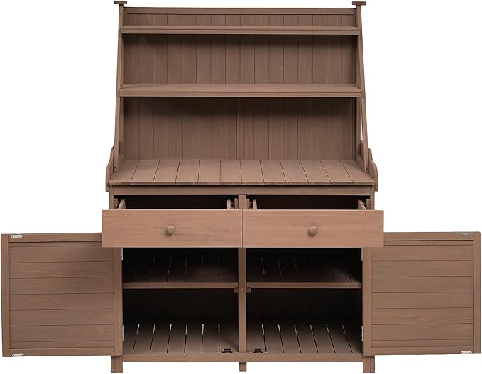 65inch Garden Potting Bench Table, Fir Wood Workstation with Storage Shelf, Drawer and Cabinet (Brown@017, 65inch)