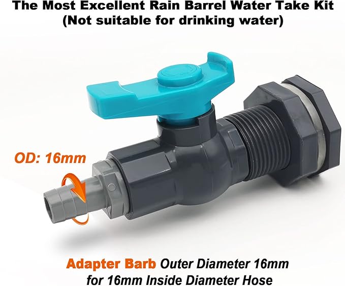 Rain Barrel Spigot PVC Faucet Kit Water Diverter Kit with Bulkhead Fitting, Ball Valve, Garden Hose Barb(16mm) Adapter, Pipe Clamps, Thread Tape, Hole Saw(for 16mm ID Hose)