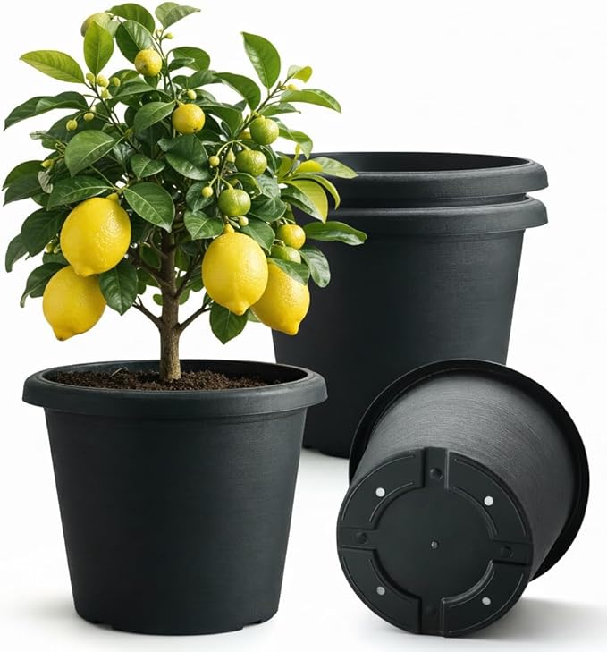 BTPLASTIK Heavy-Duty 4 Pack 16 Inch Plastic Planter Pots with Drainage Holes - Textured Cement Design, 30L Capacity, Large Durable Garden Container for Plants