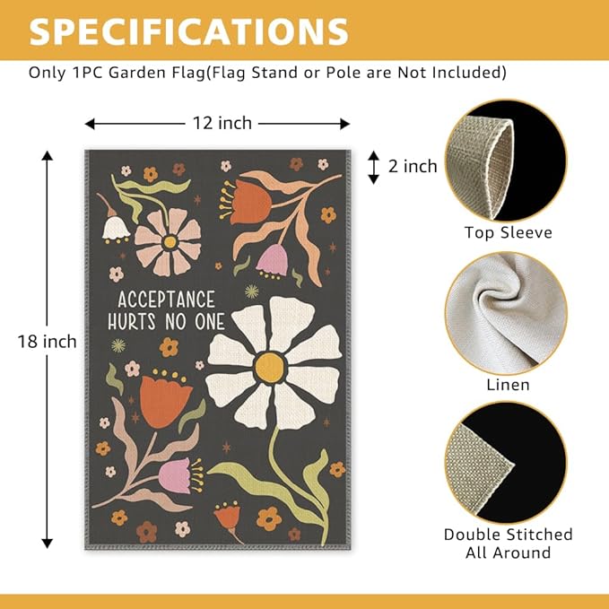 Acceptance Hurts No One Garden Flag, Spring Floral Liberal Yard Flags for Outside, Double Sided Protest Democratic Inclusion Yard Sign, Retro Social Justice Flower Garden Banner for Activist