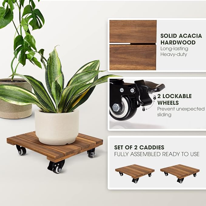 2-Pack 14 Inch Wood Plant Caddy with Wheels Heavy Duty, 264 lbs Acacia Hardwood Plant Caster Dolly Rolling Stand with 360° Lockable Wheels for Heavy Plant Pots and Outdoor Use