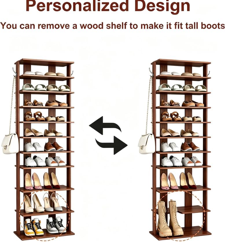 HOMEFORT 10-Tier Corner Shoe Tower - Double Rows, Slim Shoe Stand for 20 Pairs - Entryway, Hallway, Closet (Walnut)