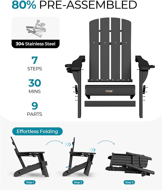 Folding Adirondack Chair 4 Pack, HDPE All-Weather Fire Pit Chairs, Plastic Adirondack Chairs with 2 Cup Holder, Outdoor Lawn Chair for Patio Garden (Black)