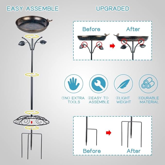 DREAMSOUL 12" Dia Bird Bath Antique Metal Bird Bath for Outside, Pedestal Birdbath with 4 Prongs Stake for Garden Yard Patio Decor