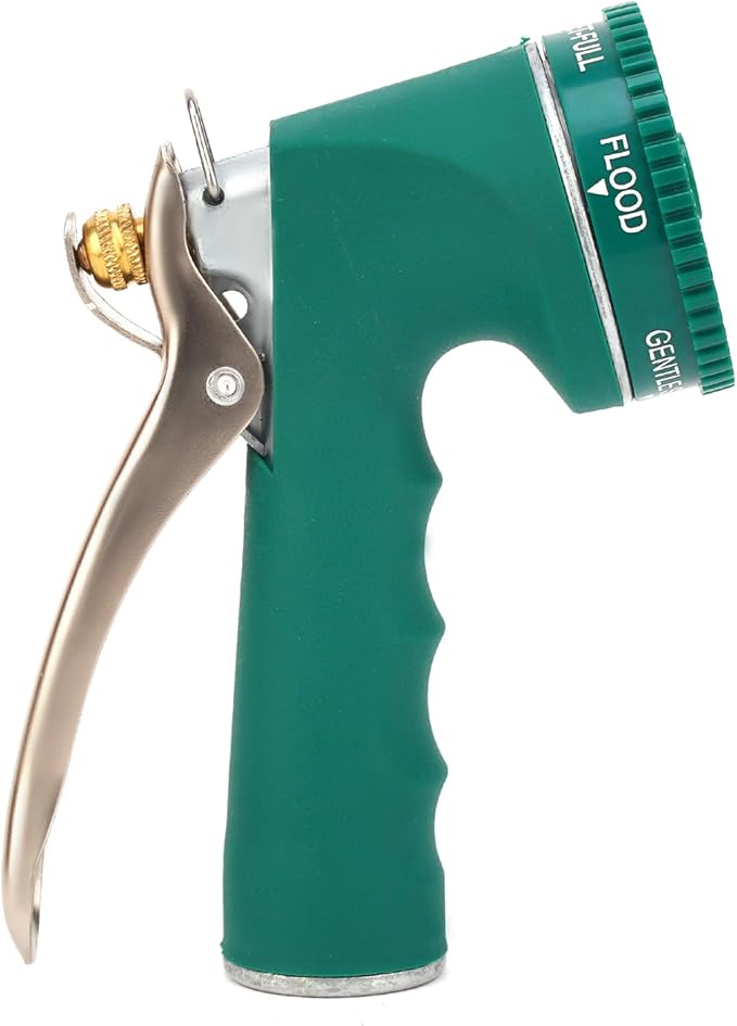 Garden Hose Nozzle, Heavy Duty Metal Spray Nozzle with Tie Rods Made of Brass, High Pressure Hose Nozzle with Non-Slip Grip Handle for Watering Garden, Washing Cars and Showering Pets (Green)
