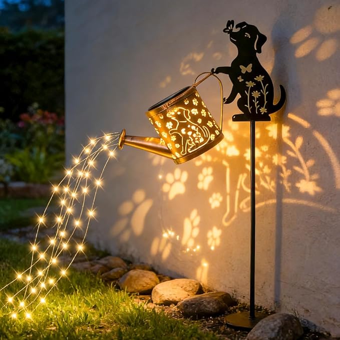Outdoor Solar Dog Garden Decorative, 2 Pcs Solar Watering Can with Light, Featuring Metal Dog Statue Silhouette Stake, Day Gift for Women, for Outside Landscapes,Lawn, Garden Path Decoration