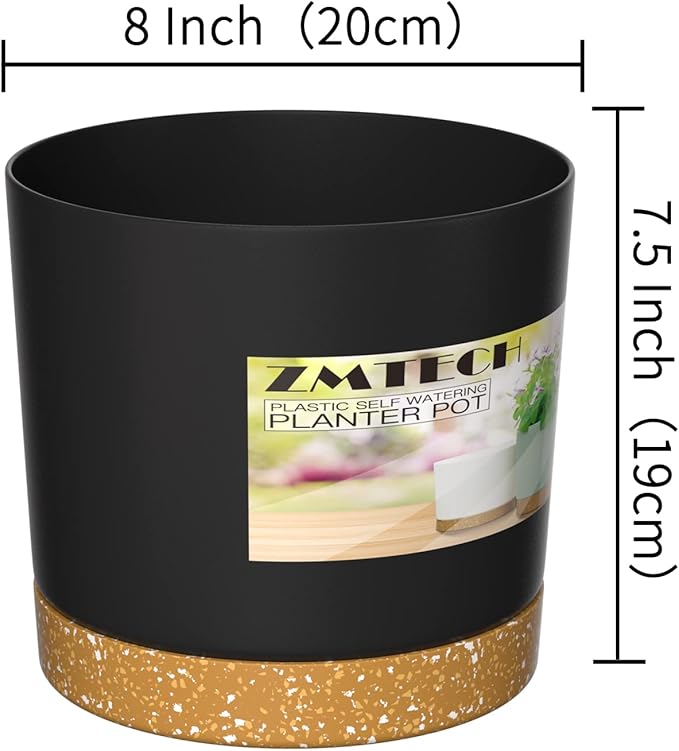 ZMTECH Planters for Indoor Plants, Plant Pots & Flower Pots, Plastic Plant Spring 3 Pack 8 Inch Self Watering Planter with Drainage Hole and Saucer, Modern Decorative for Indoor Outdoor, Dark Gray