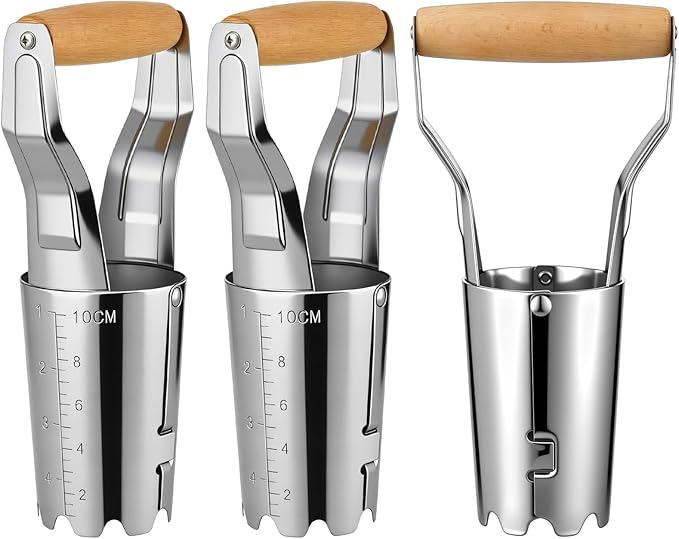 Lothee 3 Pcs Bulb Planter Tool Set with Depth Markers Non Bending Steel Bulb Planter Digger Garden Transplanter with Comfortable Wood Handle for Planting Tulips Dahlias and Lilies