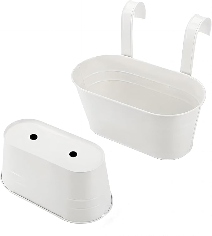 10.6" Oval Iron Hanging Flower Pots - Rust-Resistant Metal Planters with Detachable Hooks for Garden, Yard & Home Decor (White，3 PCS)