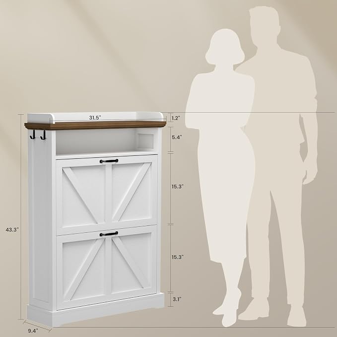 Farmhouse Shoe Cabinet with 2 Flip Drawers & Open Storage, 31.5" W White