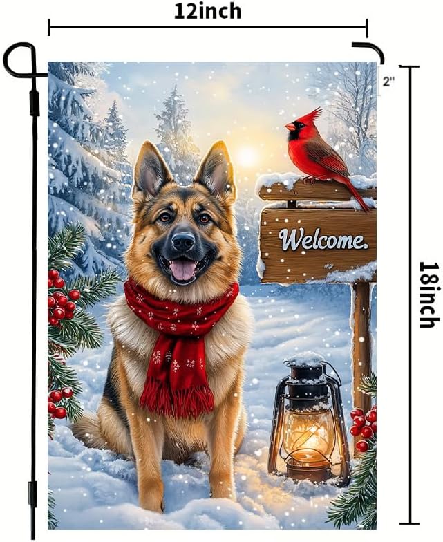 Welcome Winter Garden Flags 12x18 Double Sided, Small Burlap Holiday Snow German Shepherd Dog Garden Flag Winter Christmas Outdoor Yard Decorations Porch Lawn Flags for Outside