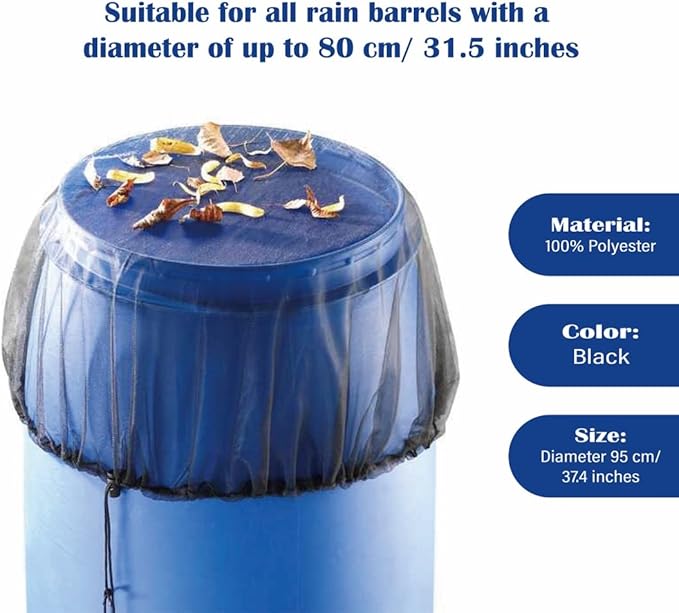 Mesh Cover for Rain Barrels with Drawstring, Water Collection Buckets Tank Protector, Rain Bucket Netting Screen Cover for Outdoor Garden, 37.4 Inches