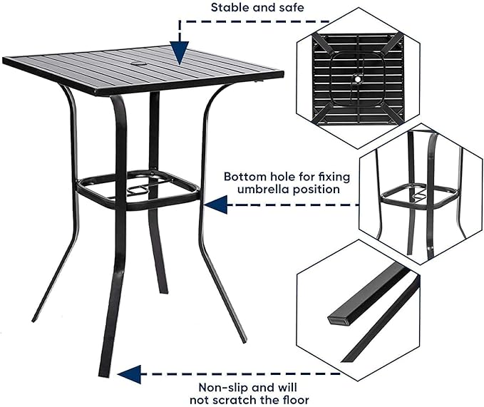 Patio Bar Table, Outdoor Bar Height Bistro Table with Umbrella Hole, Metal Frame and Slat Design, Black