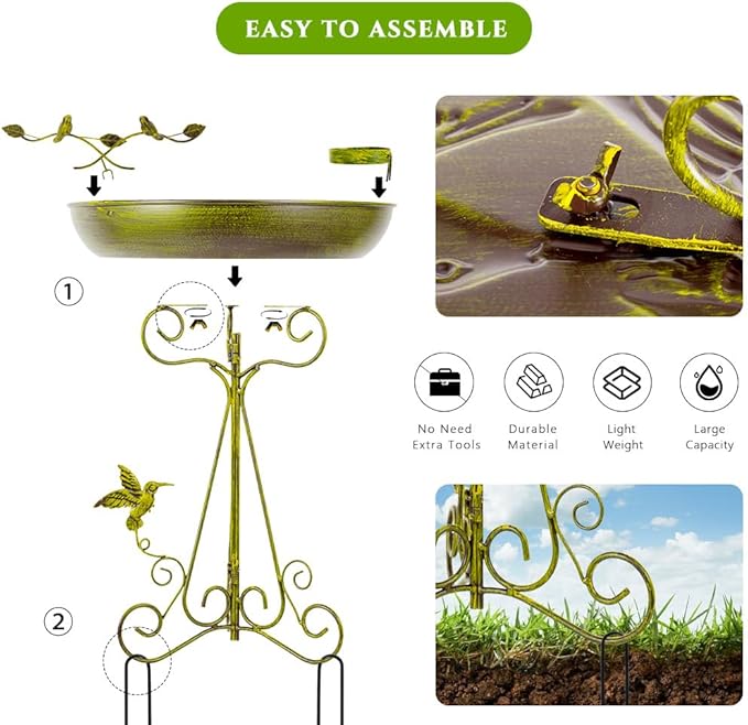 VEWOGARDEN Metal Bird Bath for Outside Garden Vintage Standing Birdbath with Folding Bracket for Yard Patio Lawn Decor, Green