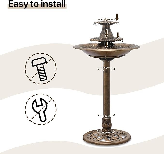 Athena Collection 37'' Height Bird Bath Vintage Pedestal Birdbath Electric Water Fountain with Recirculating Pump Polypropylene Floral Accents 3 Tier Birdbath for Outside, Patio, Garden, Bronze