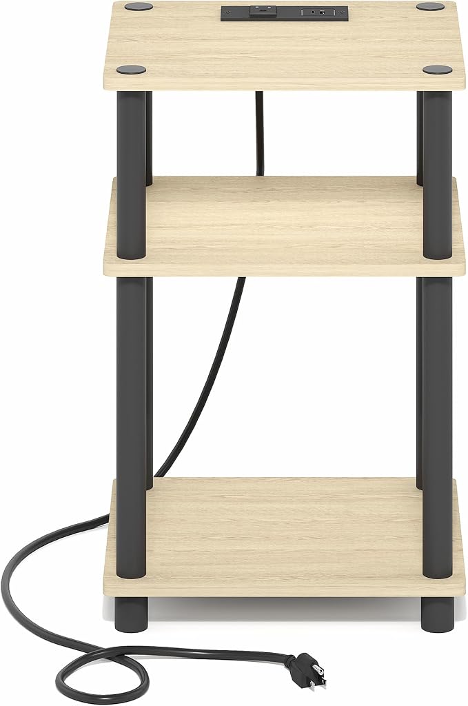 Furinno Just 3-Tier Night Stand with Charging Station, Natural Oak